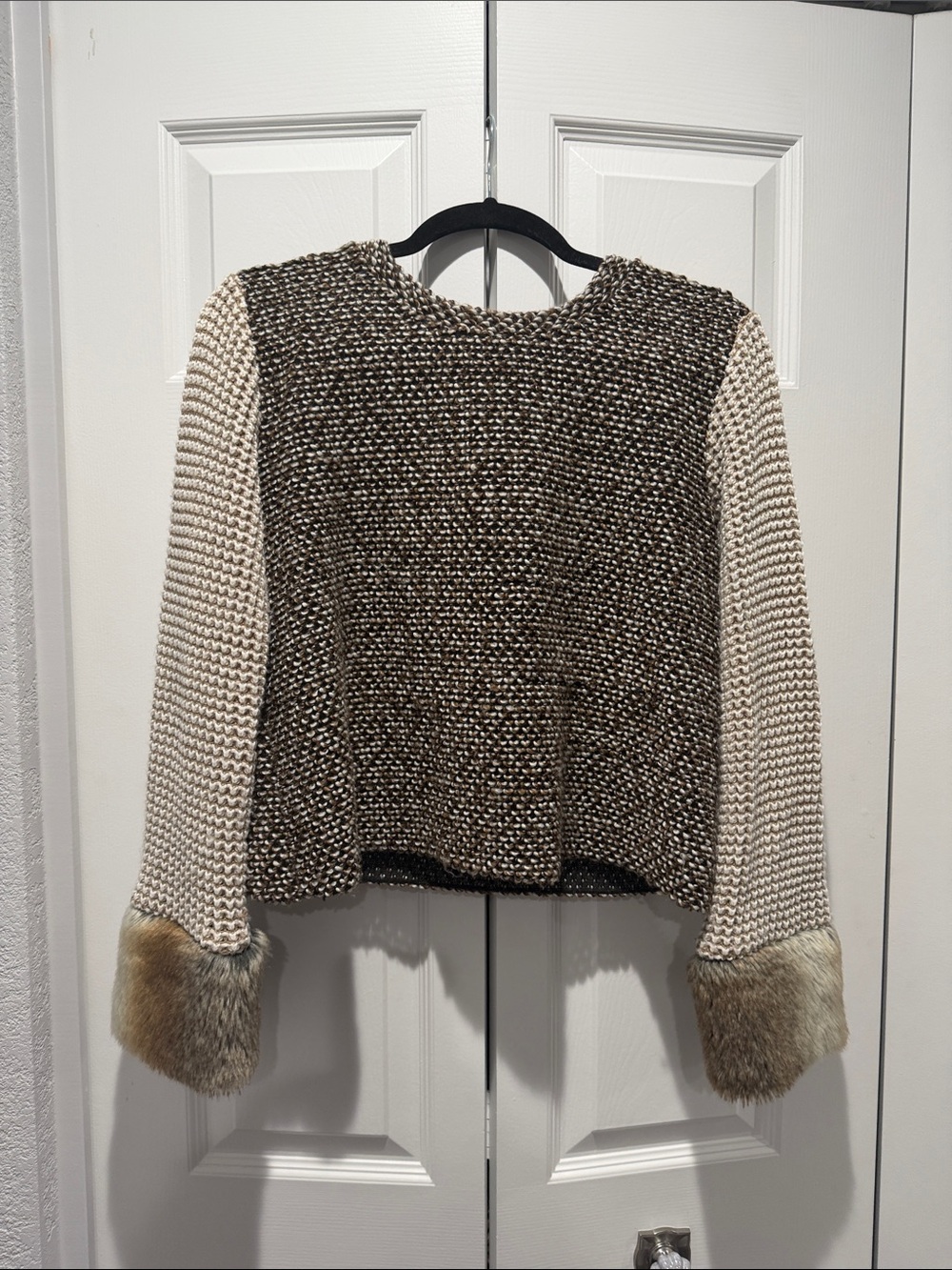 Zara Chunky Indie Boho Knit Top with Faux Fur Cuffs Size S